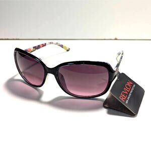 Revlon Designer Wrap Sunglasses Butterfly Round Black Floral Purple Lenses Chic